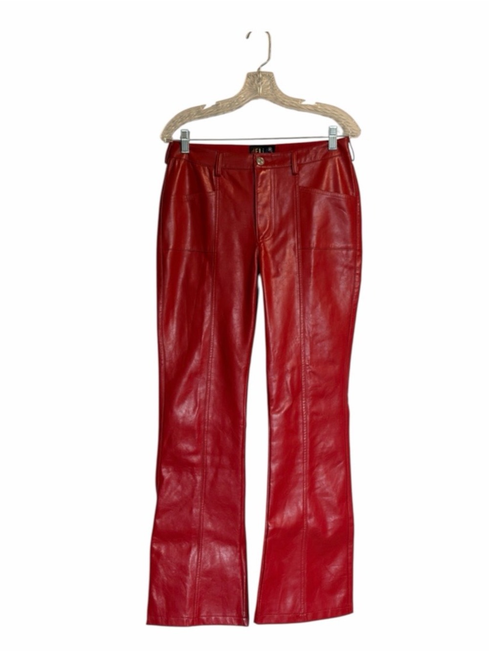 dELiAs by Dolls Kill Red Faux Leather Pants Size M Mid Rise Boot Cut Y2K PU - Picture 3 of 6